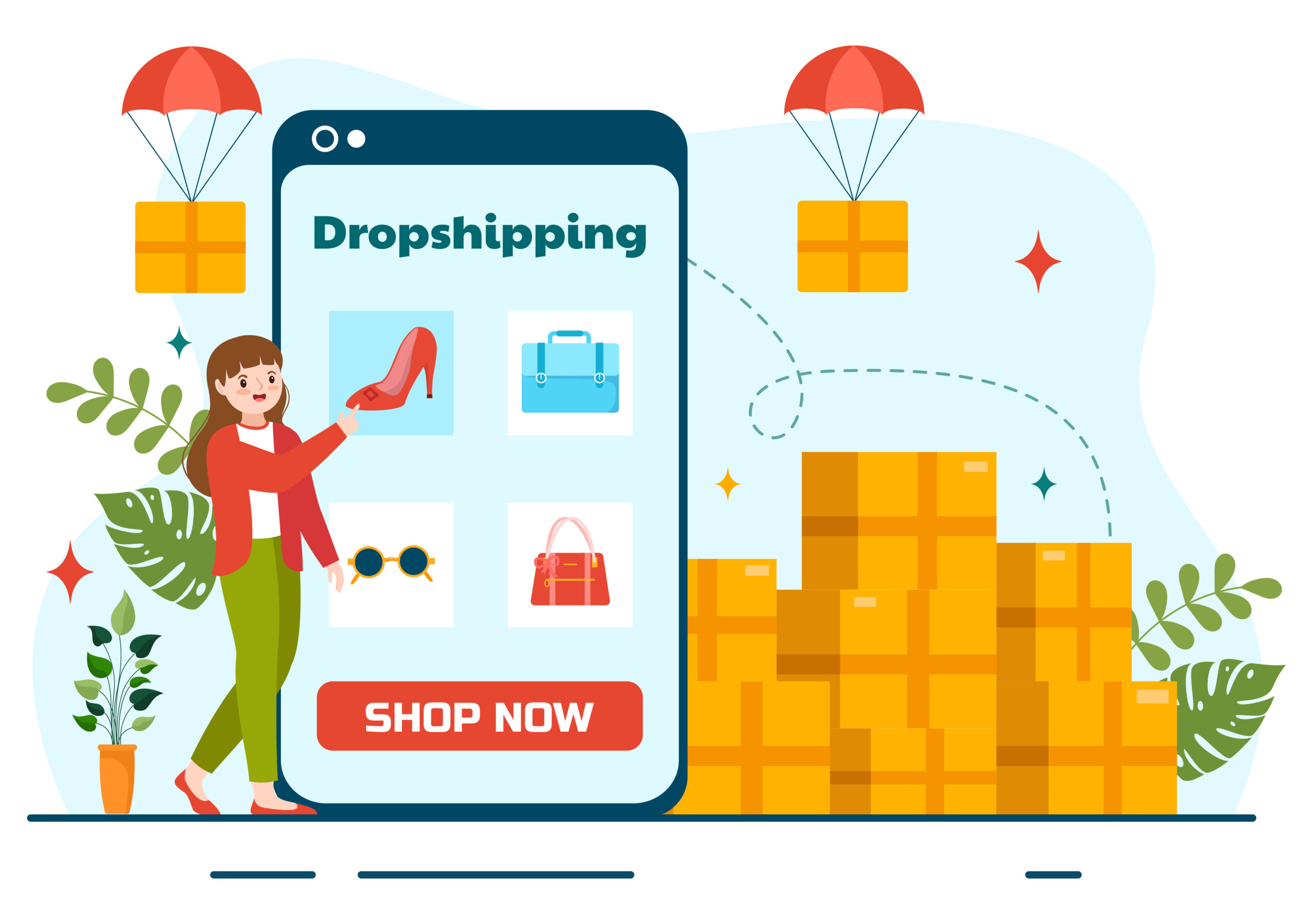 Dropshipping Business Vector Illustration with Businessman Open E-commerce Website Store and Let Supplier Ship Product in Flat Cartoon Background